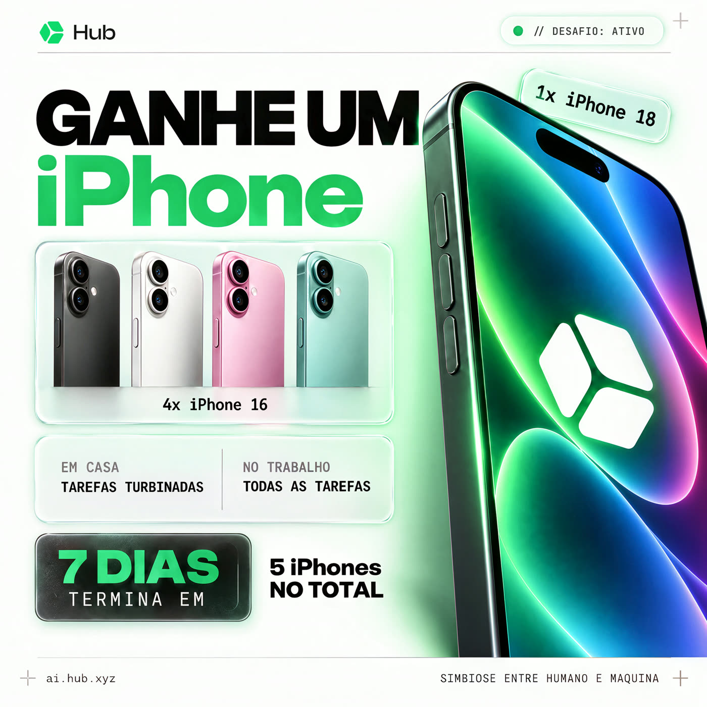Cartaz da Hub: ganhe um iPhone. 4 iPhone 16 e 1 iPhone 18, 5 no total. Desafio ativo.