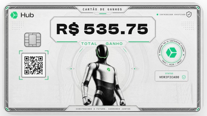 Cartão de ganhos Hub mostrando total de R$ 535,75, status verificado