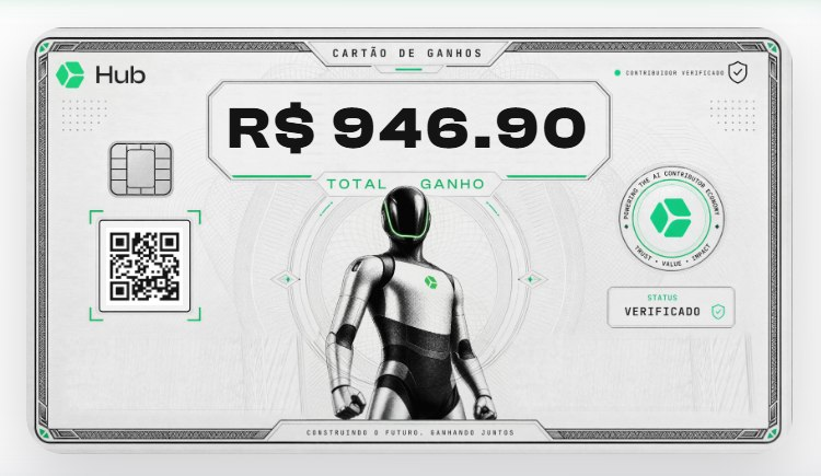 Cartão de ganhos Hub mostrando total de R$ 946,90 e status verificado